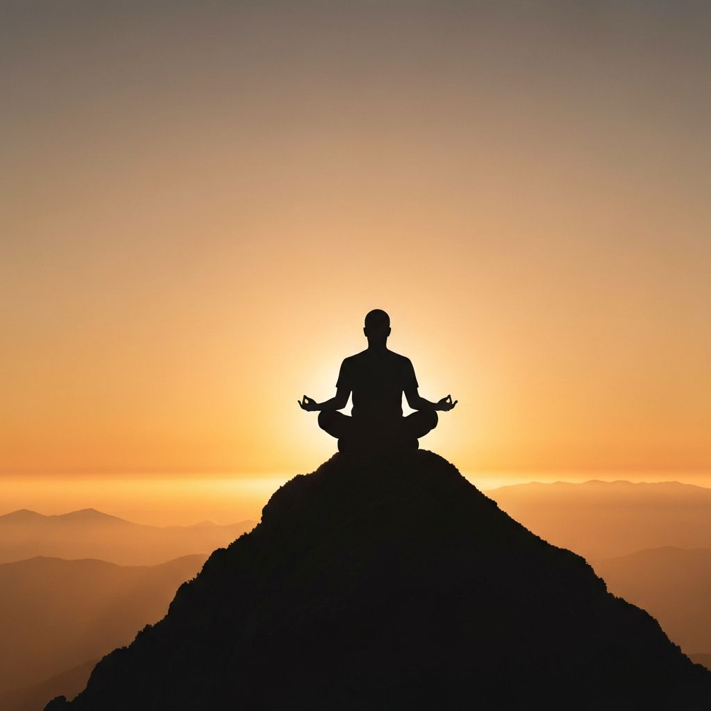 Silhouette of meditating figure at sunrise
